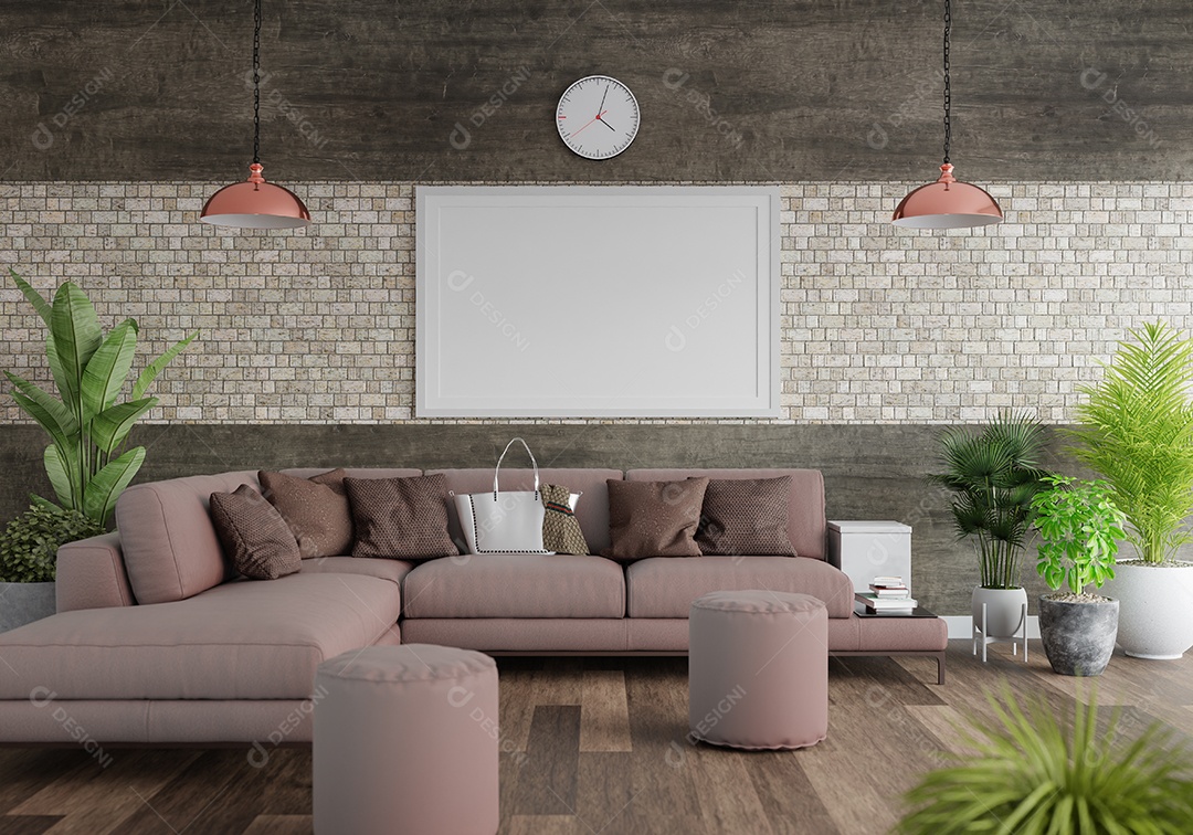 Molduras para fotos de maquete de ilustração 3D na parede da sala de estar, interior de estilo escandinavo com móveis aconchegantes