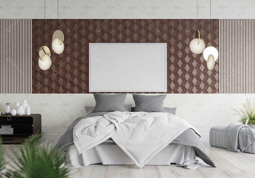 Placa grande de maquete de ilustração 3D com moldura na sala de jantar em casa ou restaurante, cores pastel interiores de estilo escandinavo