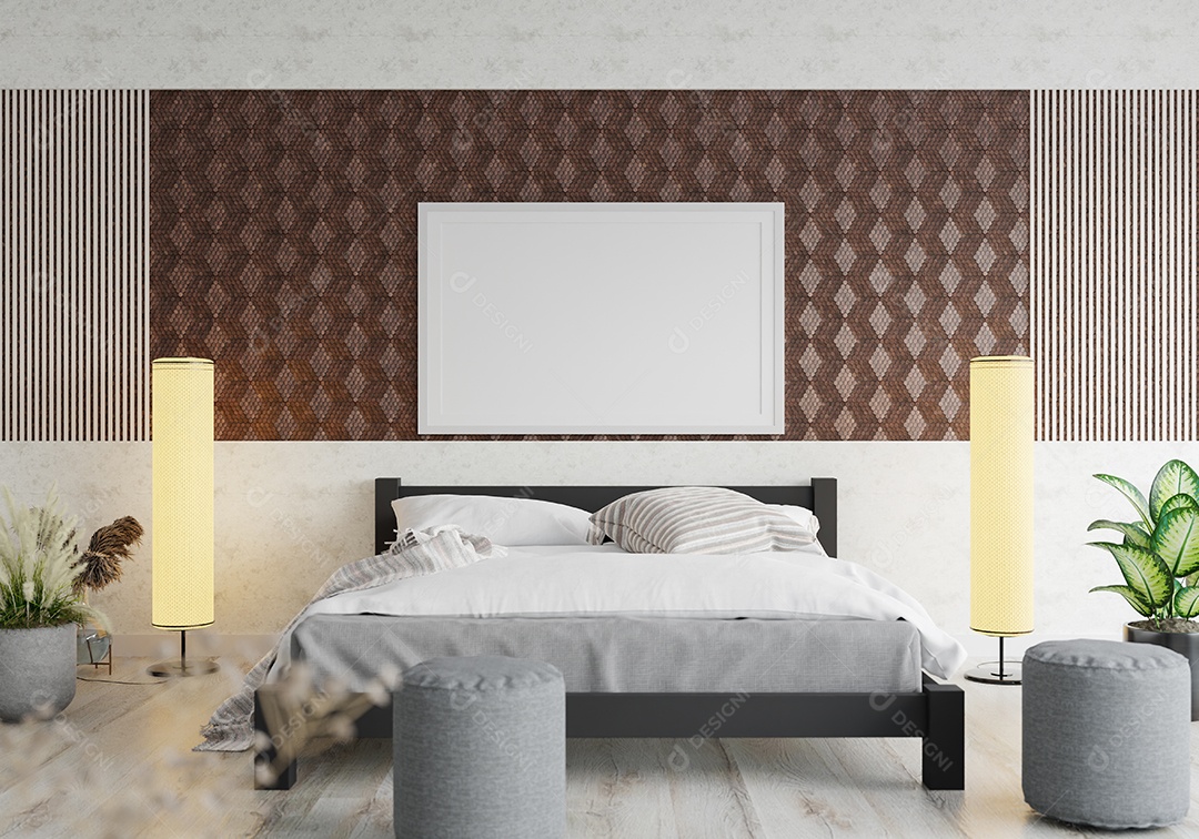 Placa grande de maquete de ilustração 3D com moldura na sala de jantar em casa ou restaurante, cores pastel interiores de estilo escandinavo