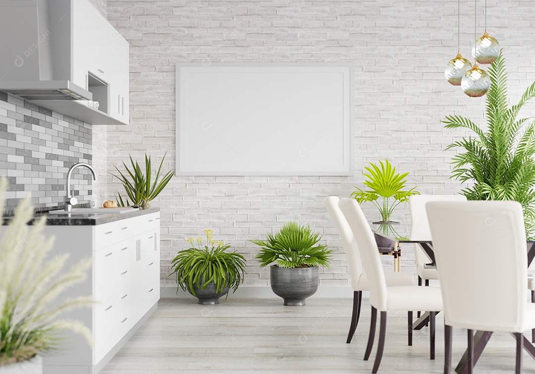 3D illustration mockup large board with frame in dining room with kitchen at home, Scandinavian style interior pastel colors