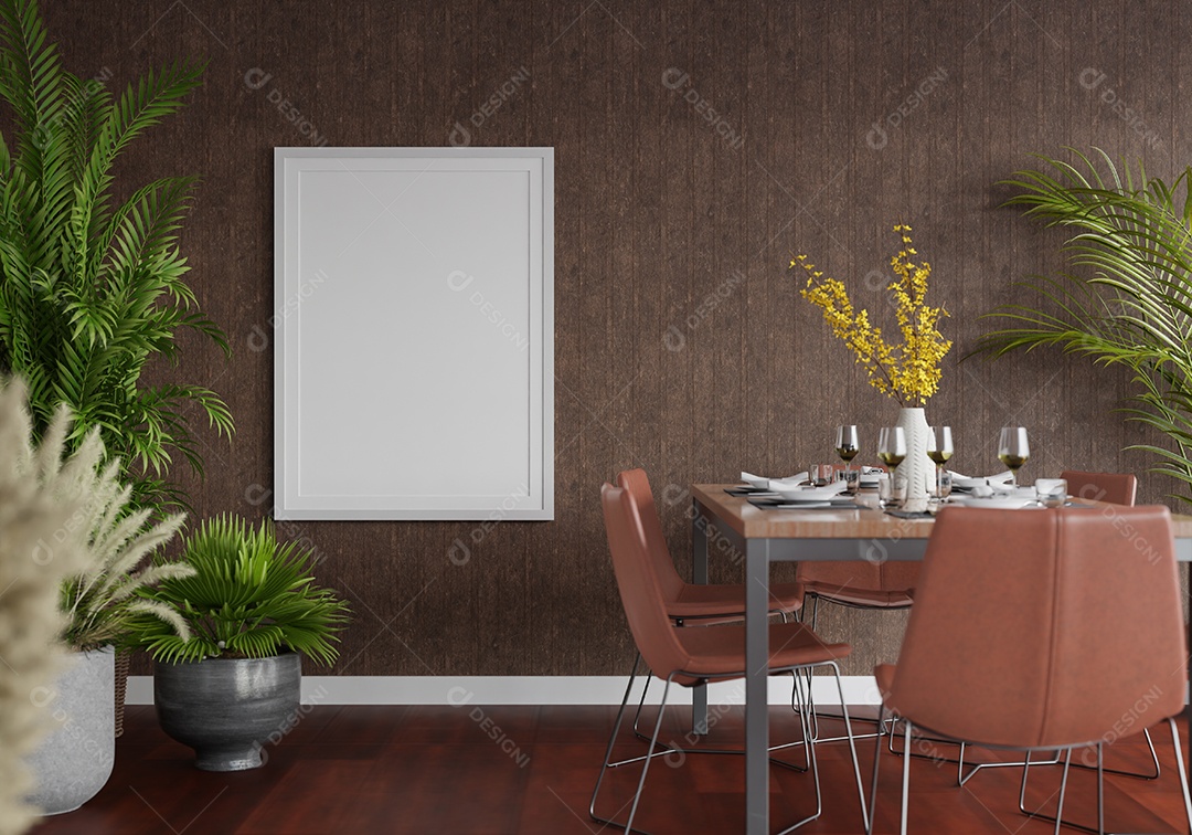 Placa grande de maquete de ilustração 3D com moldura na sala de jantar em casa ou restaurante, cores pastel interiores de estilo escandinavo