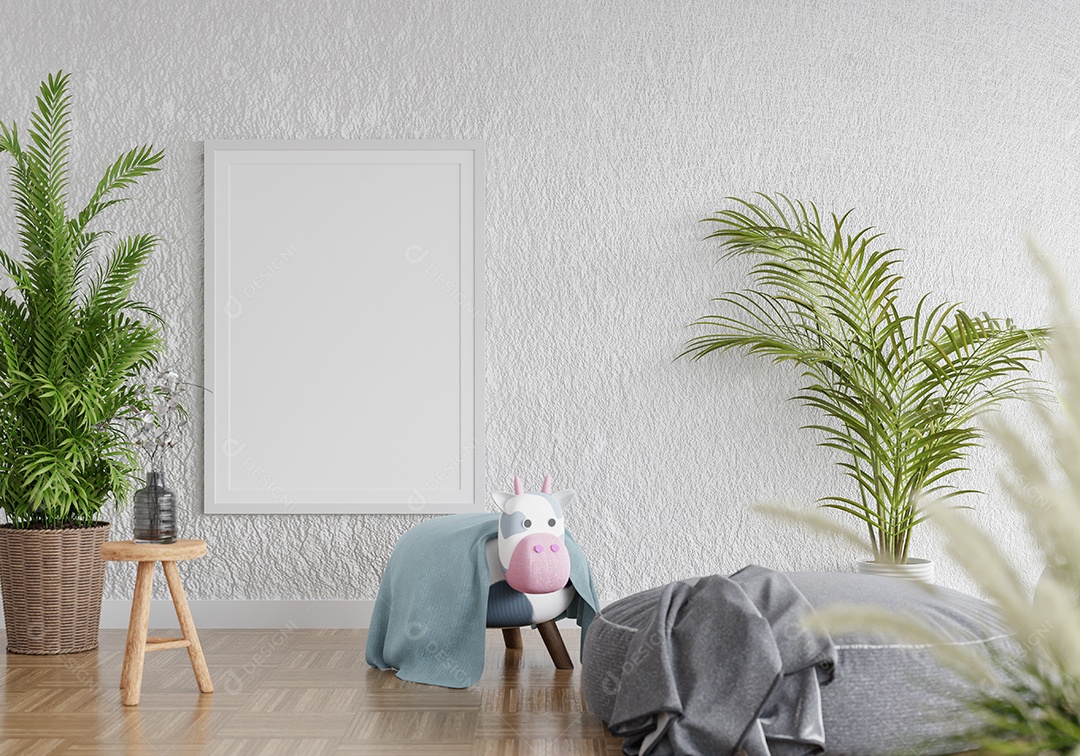 Molduras para fotos de maquete de ilustração 3D no quarto das crianças ou no quarto do berçário, cores pastel interiores de estilo escandinavo