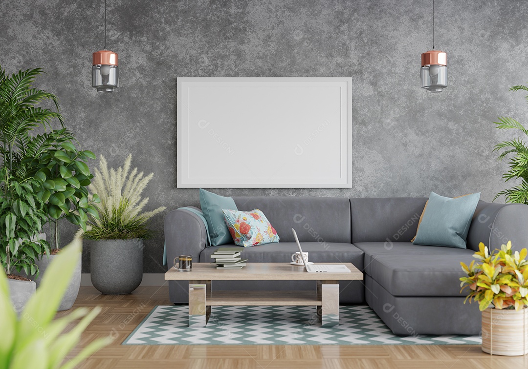 Molduras para fotos de maquete de ilustração 3D na parede da sala de estar, interior de estilo escandinavo com móveis aconchegantes