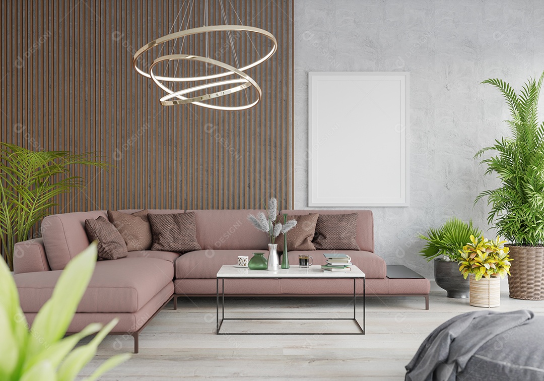 3D illustration mockup photo frame on living room wall, Scandinavian style interior with cozy furniture