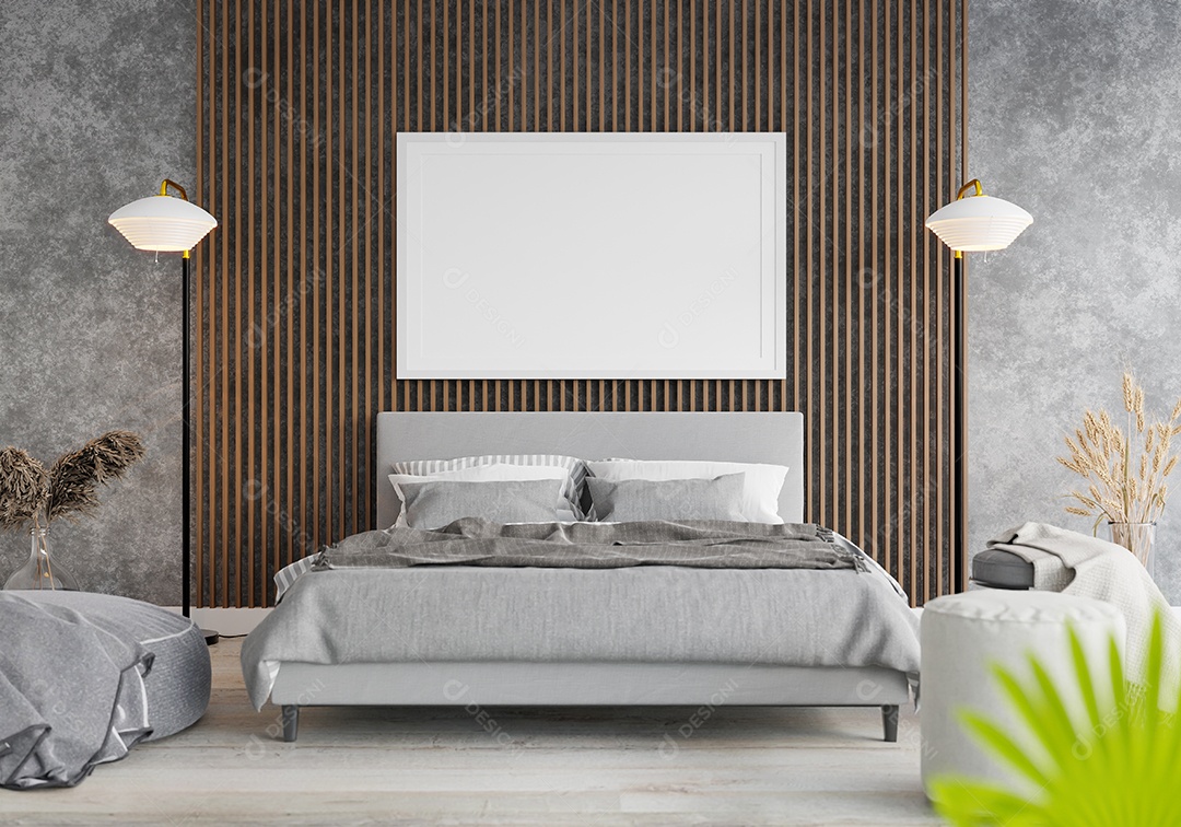 Molduras para fotos de maquete de ilustração 3D na parede da sala de estar, interior de estilo escandinavo com móveis aconchegantes