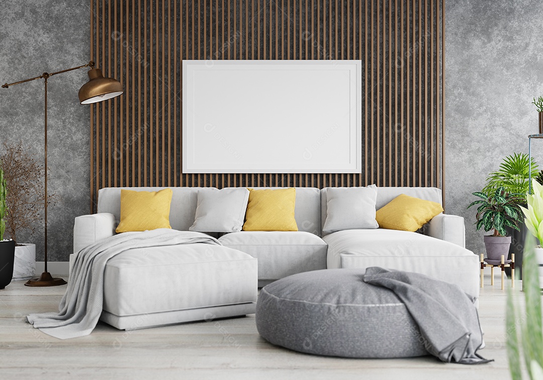 Molduras para fotos de maquete de ilustração 3D na parede da sala de estar, interior de estilo escandinavo com móveis aconchegantes
