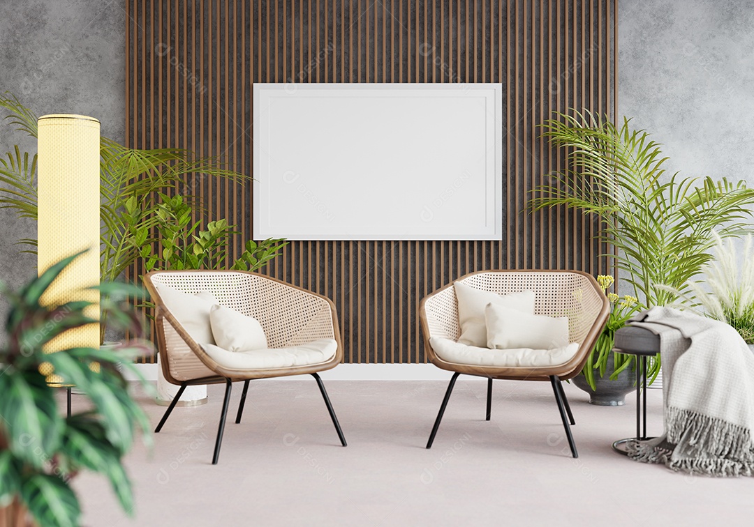 Molduras para fotos de maquete de ilustração 3D na parede da sala de estar, interior de estilo escandinavo com móveis aconchegantes