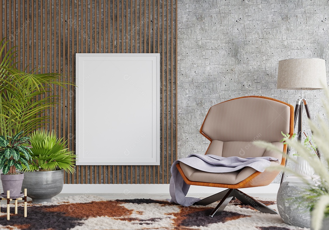 Molduras para fotos de maquete de ilustração 3D na parede da sala de estar, interior de estilo escandinavo com móveis aconchegantes