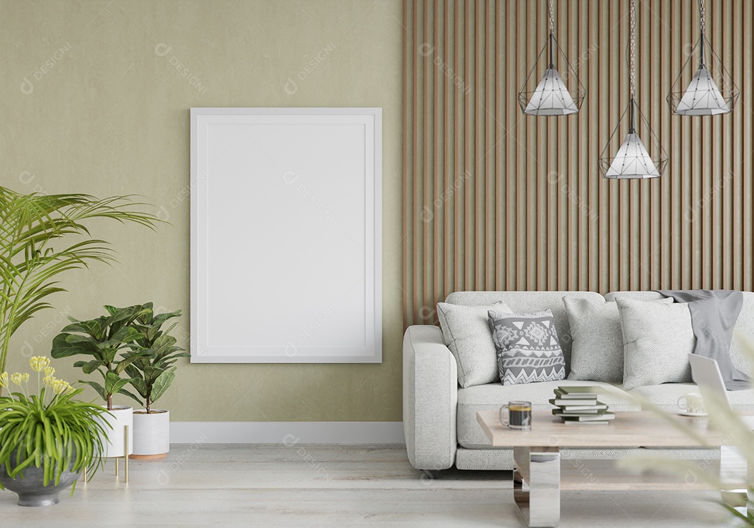 Molduras para fotos de maquete de ilustração 3D na parede da sala de estar, interior de estilo escandinavo com móveis aconchegantes