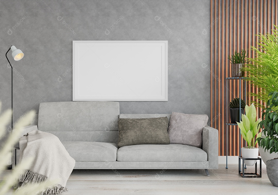 Molduras para fotos de maquete de ilustração 3D na parede da sala de estar, interior de estilo escandinavo com móveis aconchegantes