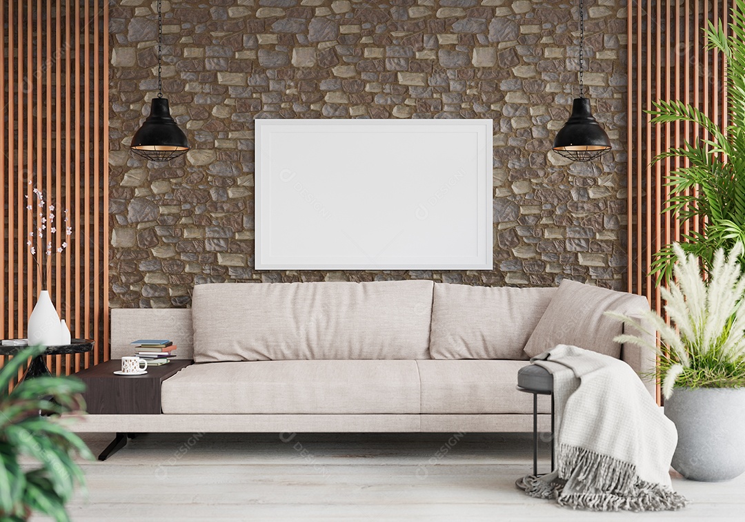 Molduras para fotos de maquete de ilustração 3D na parede da sala de estar, interior de estilo escandinavo com móveis aconchegantes