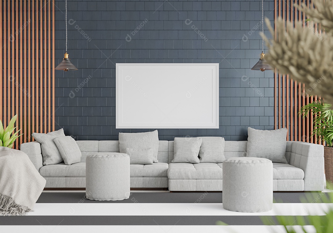 Molduras para fotos de maquete de ilustração 3D na parede da sala de estar, interior de estilo escandinavo com móveis aconchegantes