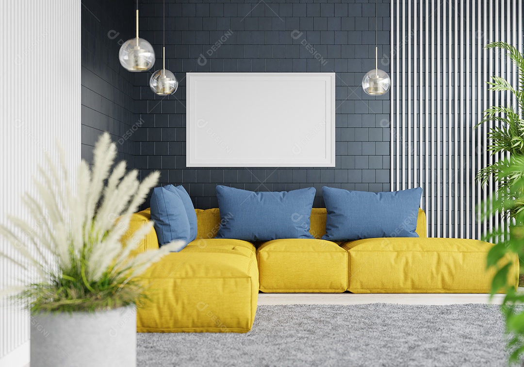 Molduras para fotos de maquete de ilustração 3D na parede da sala de estar, interior de estilo escandinavo com móveis aconchegantes