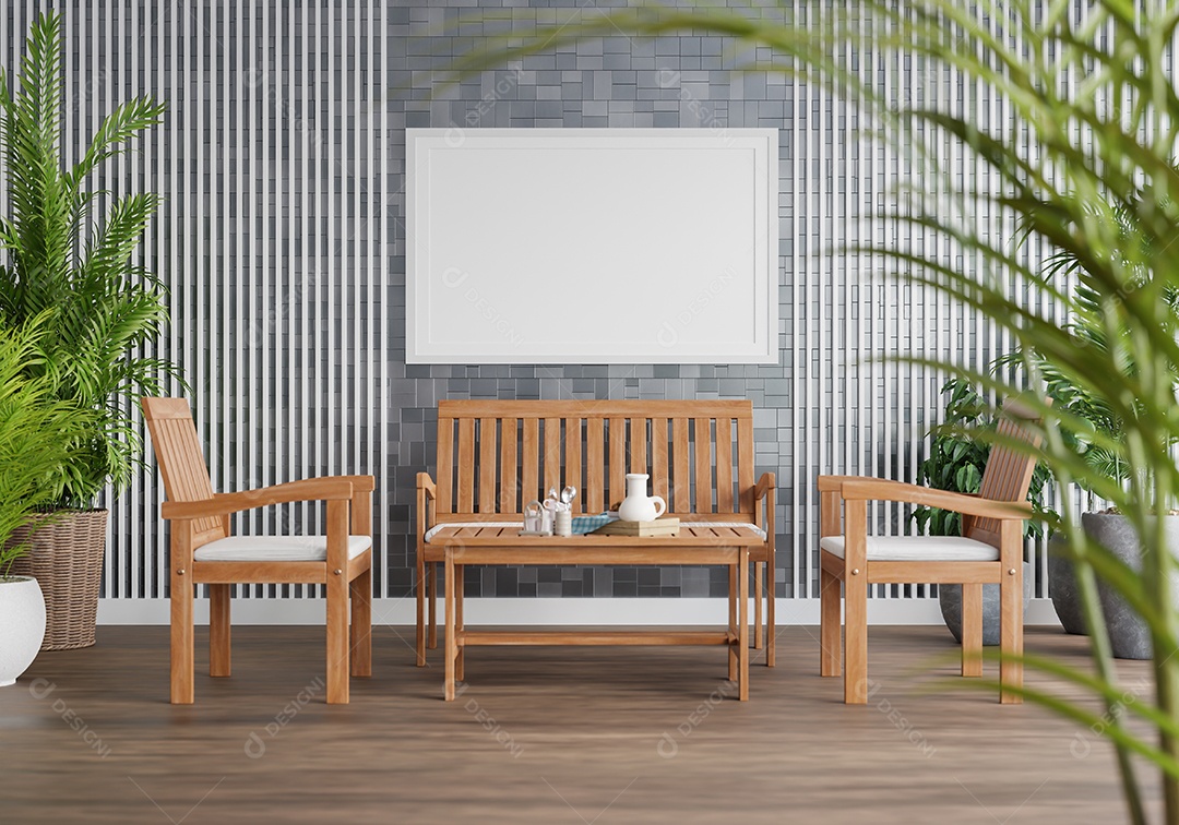 3D illustration mockup poster frame on restaurant wall with tables and chairs, canteen interior in office or hotel, rendering