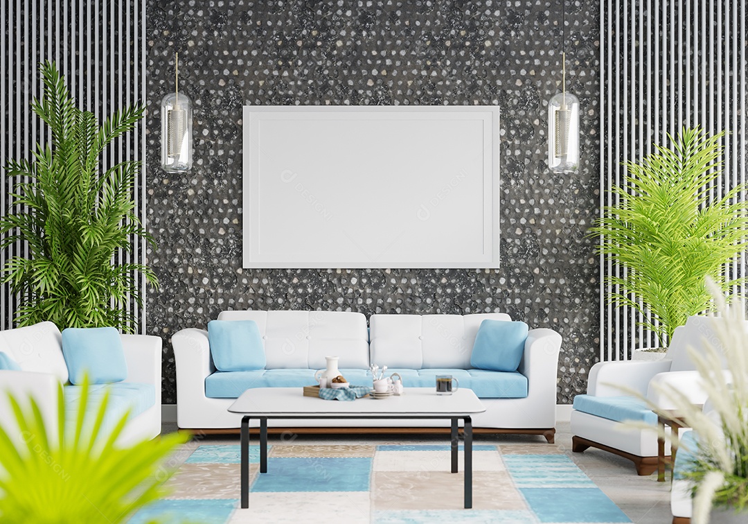 Molduras para fotos de maquete de ilustração 3D na parede da sala de estar, interior de estilo escandinavo com móveis aconchegantes