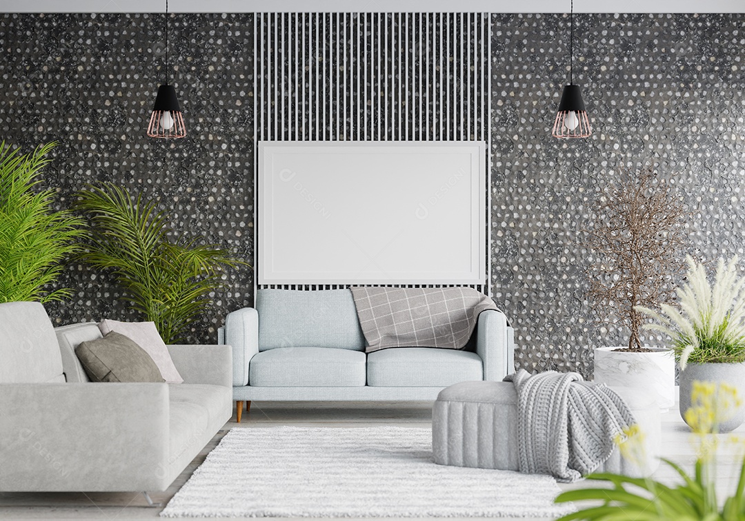 Molduras para fotos de maquete de ilustração 3D na parede da sala de estar, interior de estilo escandinavo com móveis aconchegantes