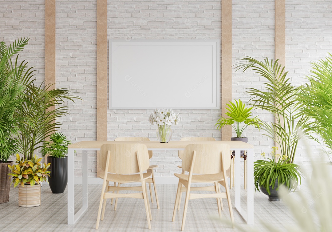 Placa grande de maquete de ilustração 3D com moldura na sala de jantar em casa ou restaurante, cores pastel interiores de estilo escandinavo