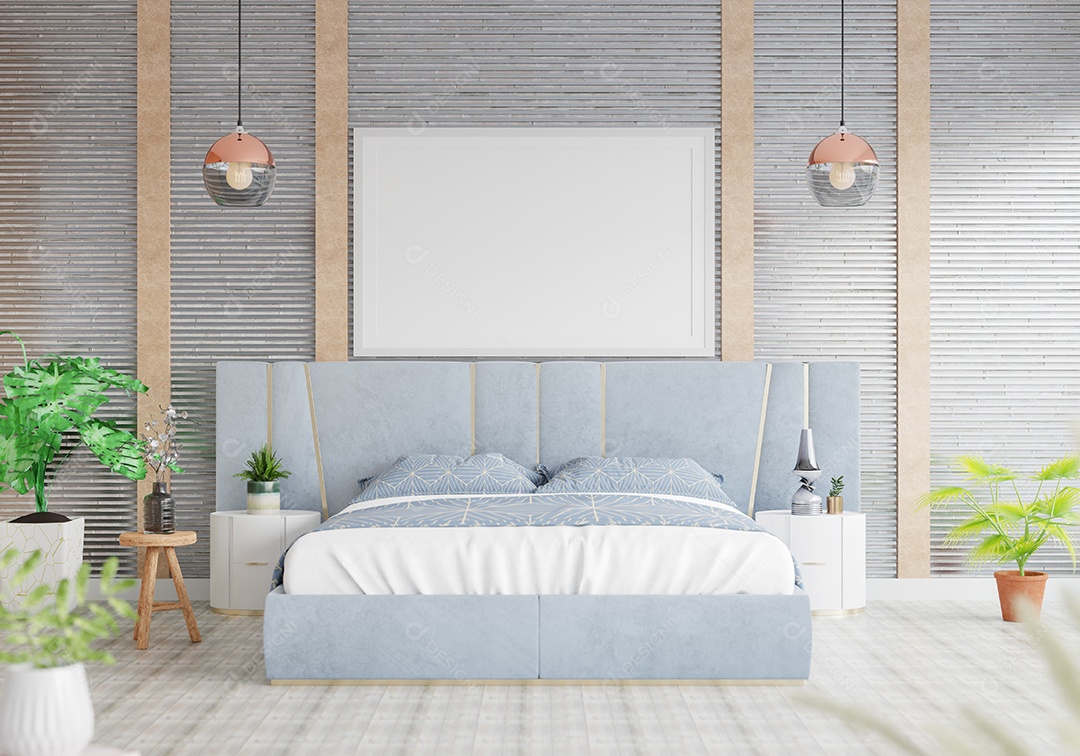 Placa grande de maquete de ilustração 3D com moldura na sala de jantar em casa ou restaurante, cores pastel interiores de estilo escandinavo