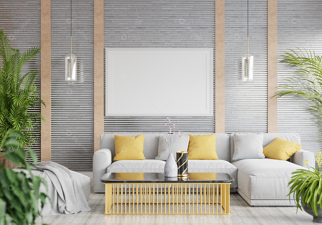 3D illustration mockup photo frame on living room wall, Scandinavian style interior with cozy furniture