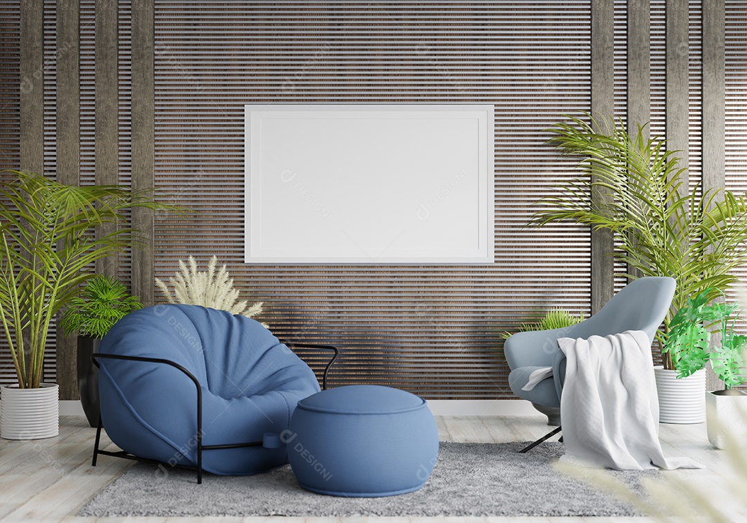 Molduras para fotos de maquete de ilustração 3D na parede da sala de estar, interior de estilo escandinavo com móveis aconchegantes