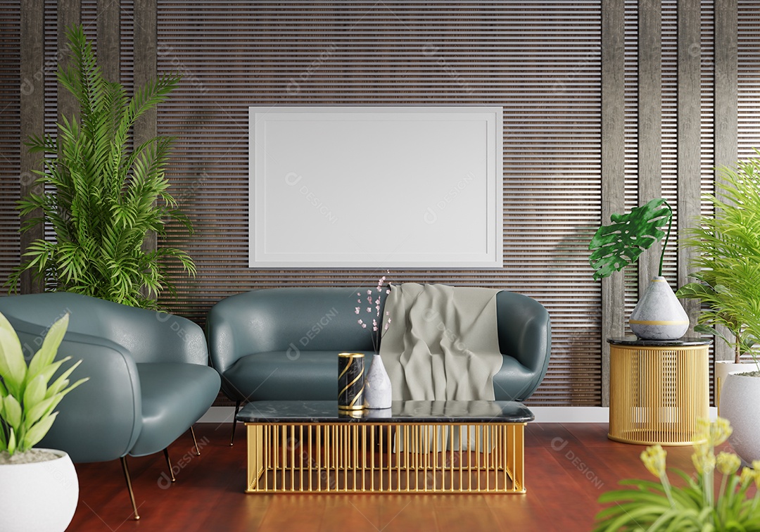 Molduras para fotos de maquete de ilustração 3D na parede da sala de estar, interior de estilo escandinavo com móveis aconchegantes