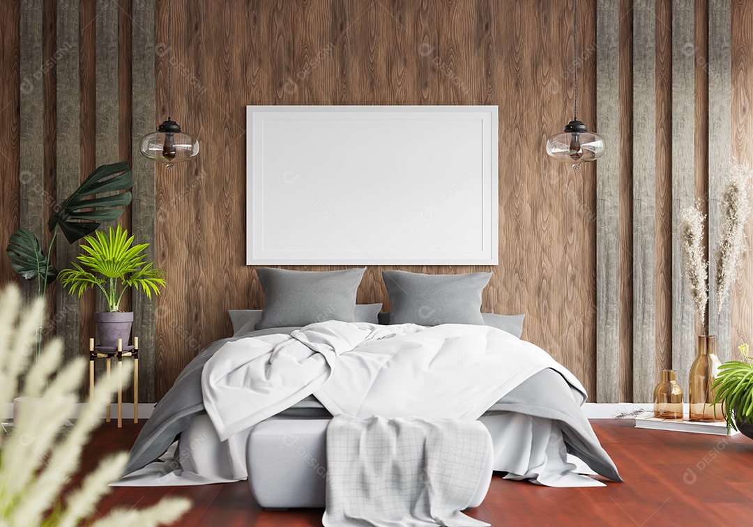 Molduras para fotos de maquete de ilustração 3D na parede da sala de estar, interior de estilo escandinavo com móveis aconchegantes