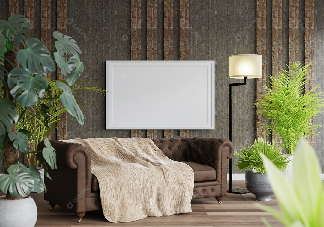 3D illustration mockup photo frame on living room wall, Scandinavian style interior with cozy furniture