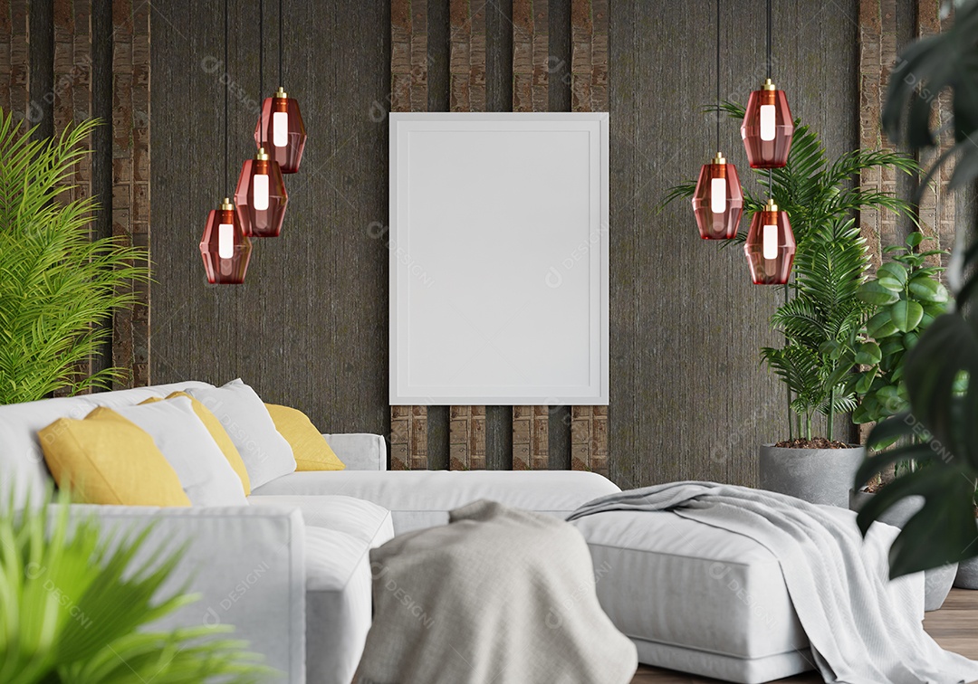 Molduras para fotos de maquete de ilustração 3D na parede da sala de estar, interior de estilo escandinavo com móveis aconchegantes