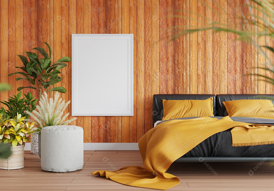 Molduras para fotos de maquete de ilustração 3D na parede da sala de estar, interior de estilo escandinavo com móveis aconchegantes