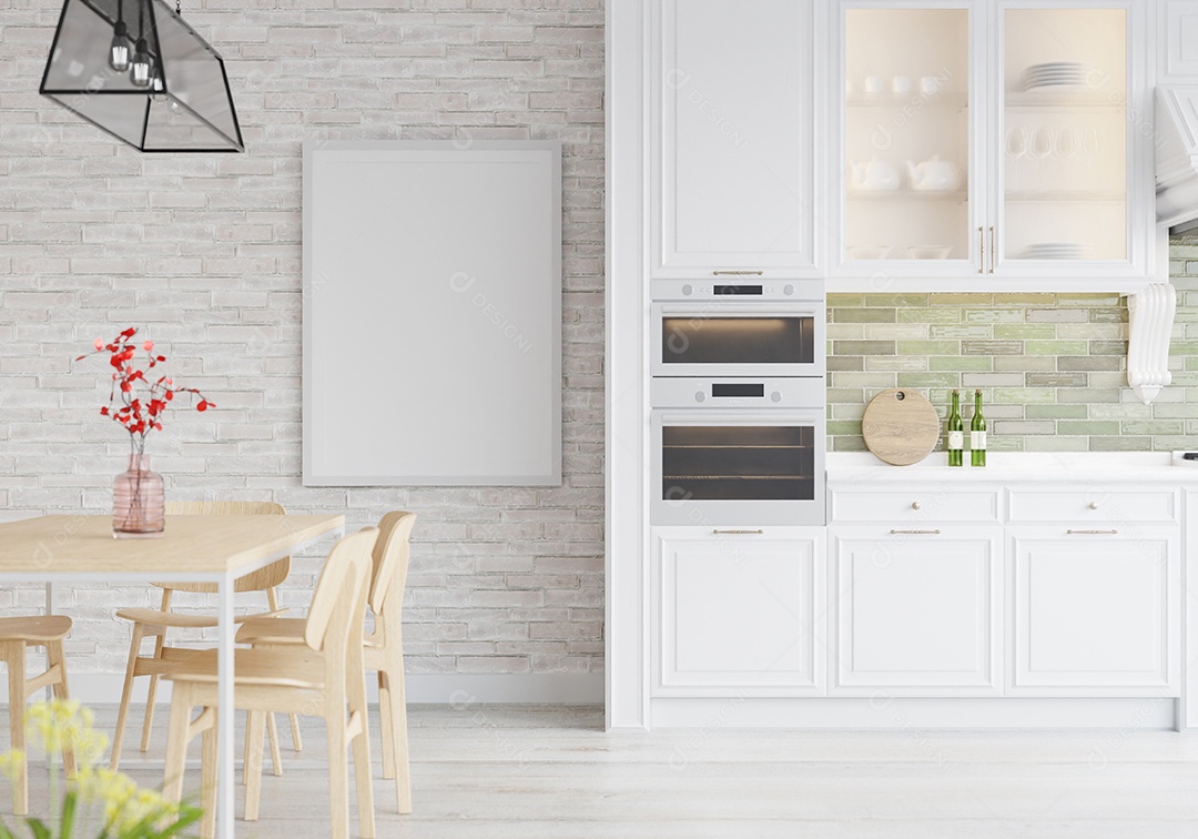 Placa grande de maquete de ilustração 3D com moldura na sala de jantar com cozinha em casa, cores pastel interiores de estilo escandinavo