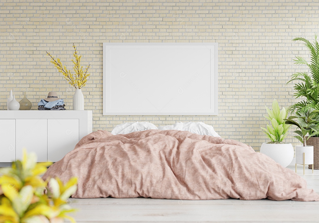 Ilustração 3D Mock up poster frame no interior do quarto, Decorado com móveis bonitos e confortáveis, Renderização