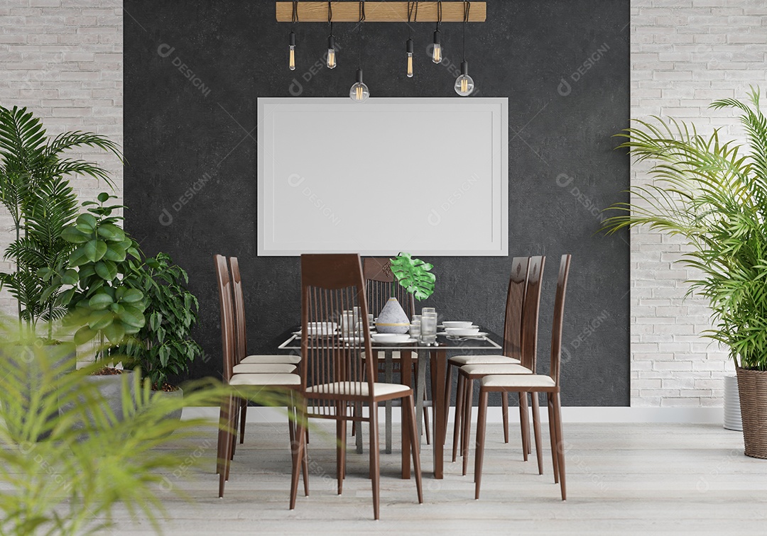 Placa grande de maquete de ilustração 3D com moldura na sala de jantar em casa ou restaurante, cores pastel interiores de estilo escandinavo