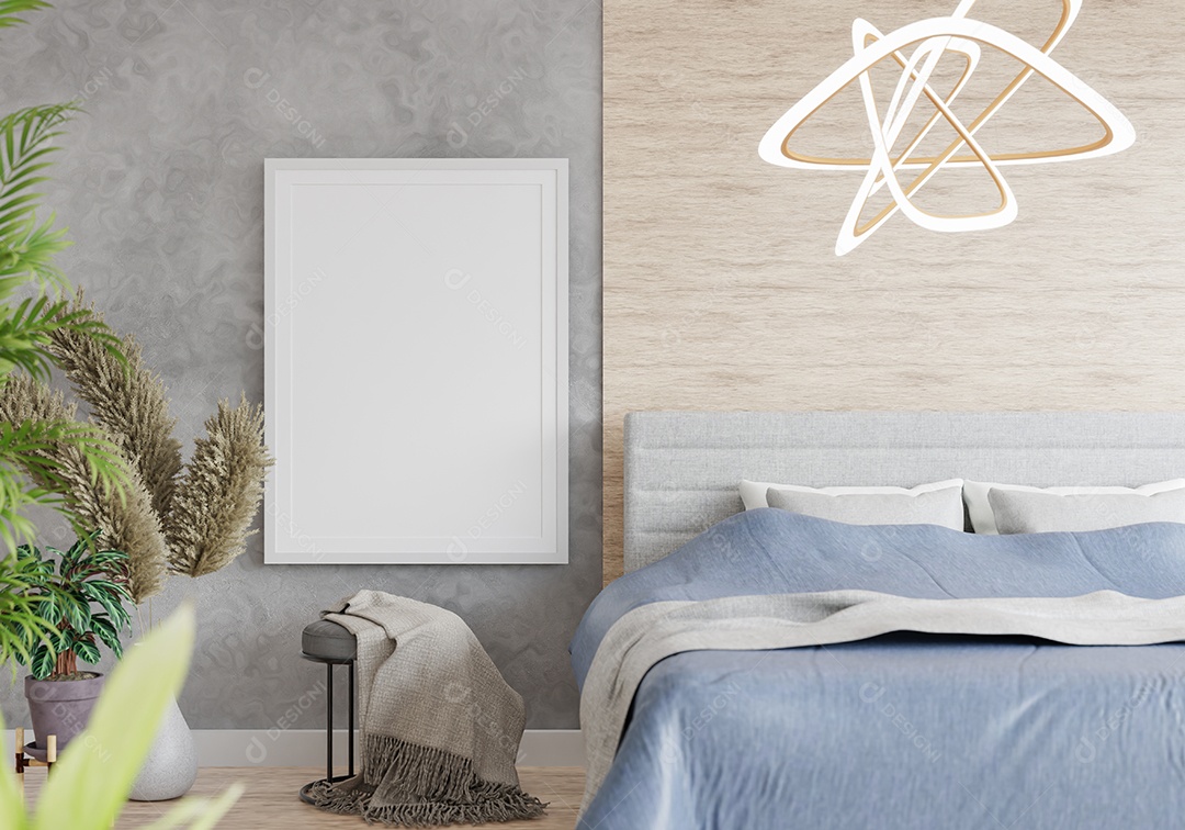 Placa grande de maquete de ilustração 3D com moldura na sala de jantar em casa ou restaurante, cores pastel interiores de estilo escandinavo