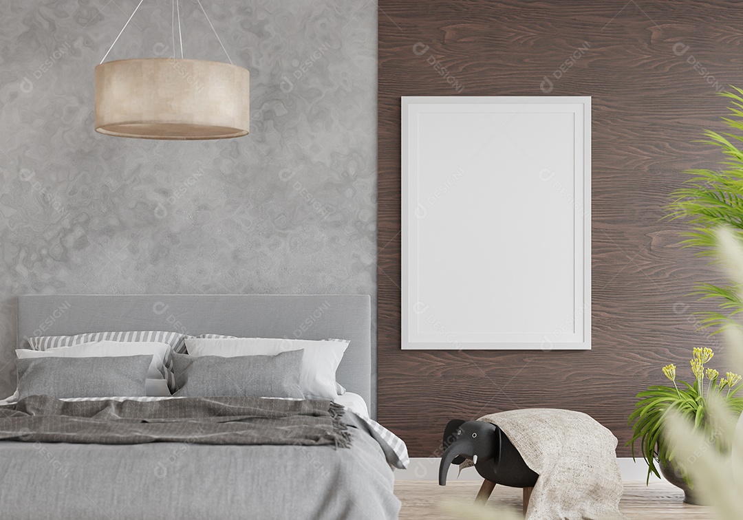 Placa grande de maquete de ilustração 3D com moldura na sala de jantar em casa ou restaurante, cores pastel interiores de estilo escandinavo