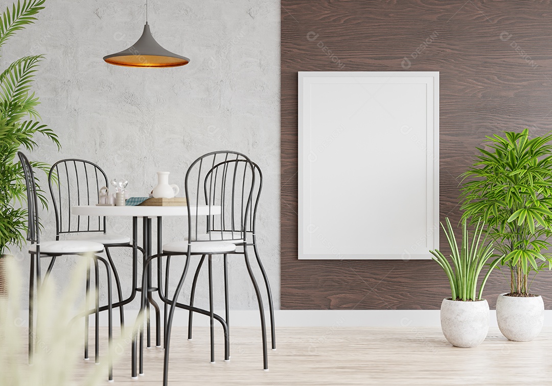 Placa grande de maquete de ilustração 3D com moldura na sala de jantar em casa ou restaurante, cores pastel interiores de estilo escandinavo