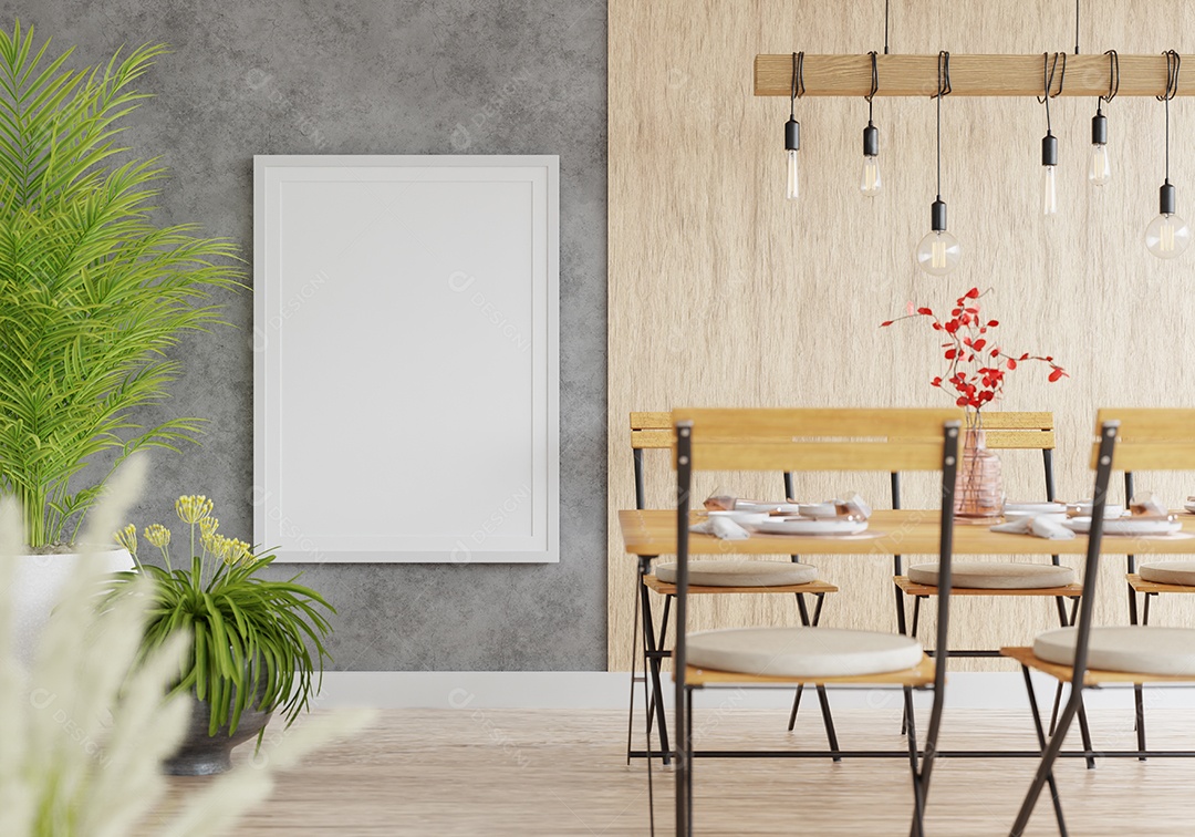 Placa grande de maquete de ilustração 3D com moldura na sala de jantar em casa ou restaurante, cores pastel interiores de estilo escandinavo