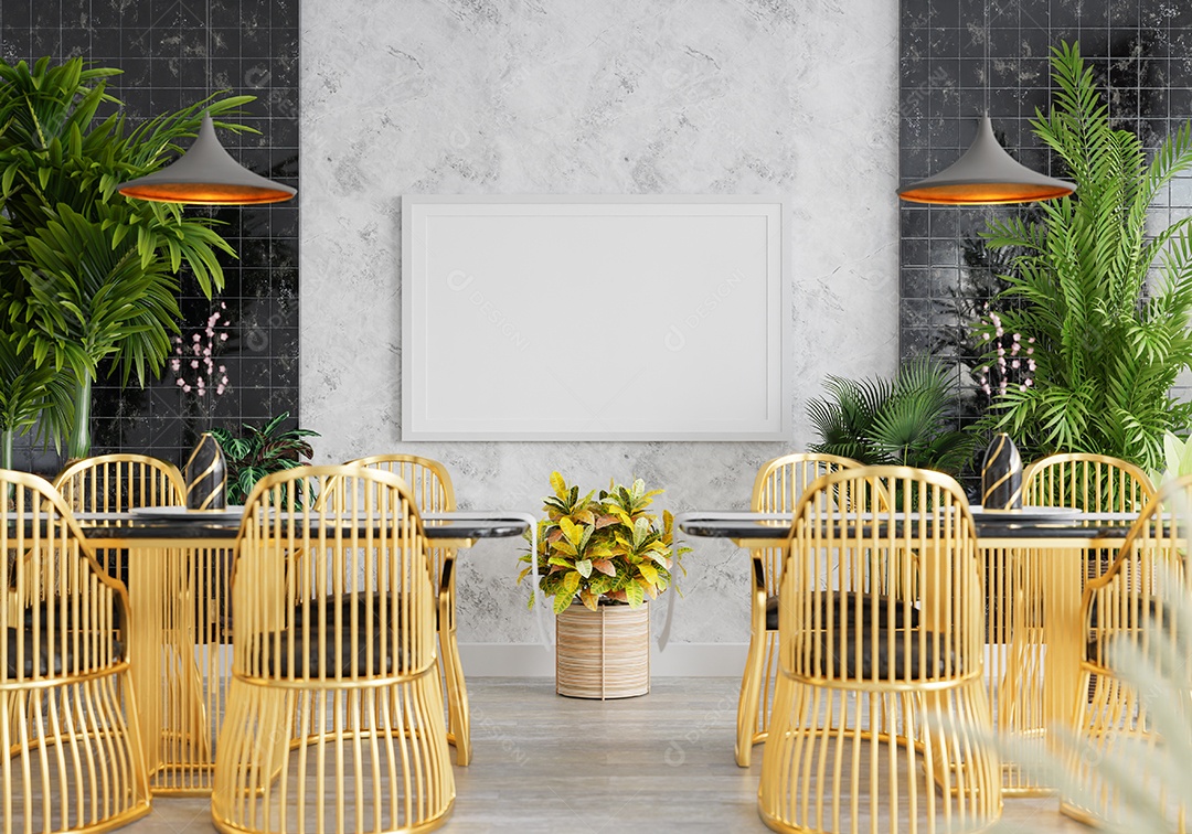 Placa grande de maquete de ilustração 3D com moldura na sala de jantar em casa ou restaurante, cores pastel interiores de estilo escandinavo