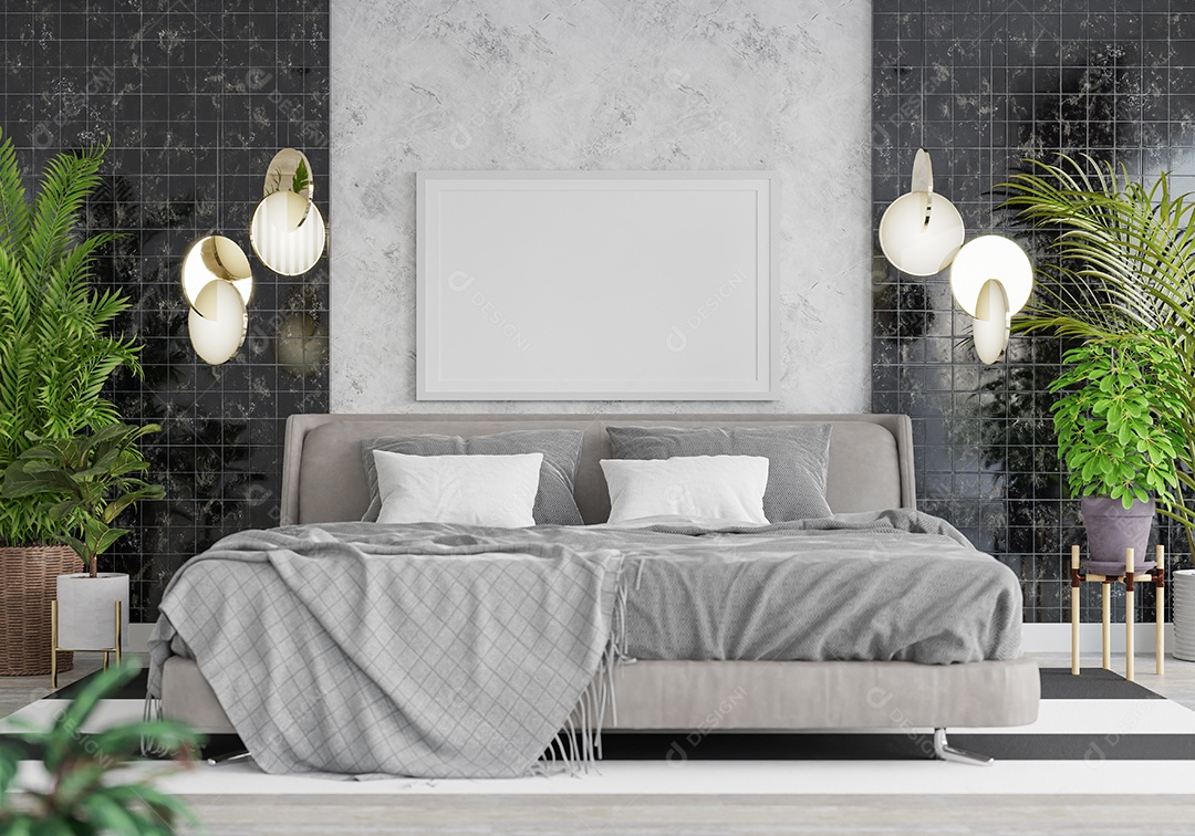 Placa grande de maquete de ilustração 3D com moldura na sala de jantar em casa ou restaurante, cores pastel interiores de estilo escandinavo