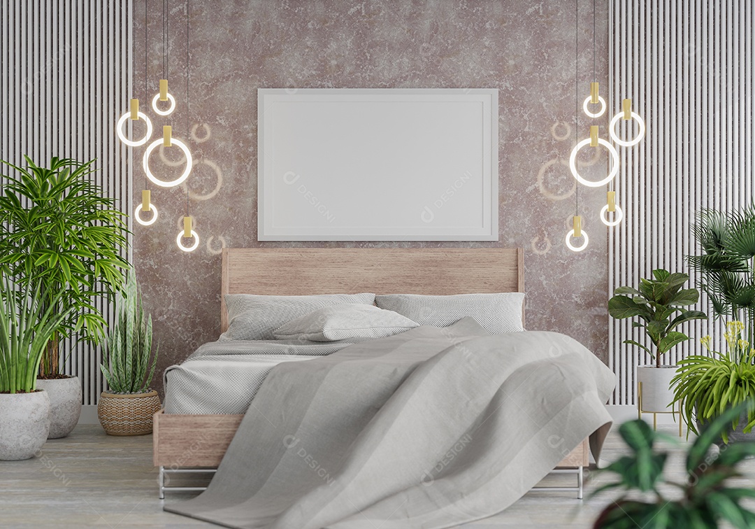 Placa grande de maquete de ilustração 3D com moldura na sala de jantar em casa ou restaurante, cores pastel interiores de estilo escandinavo