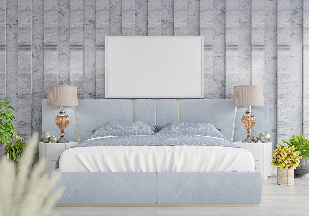 Placa grande de maquete de ilustração 3D com moldura na sala de jantar em casa ou restaurante, cores pastel interiores de estilo escandinavo