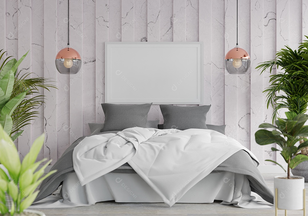 Placa grande de maquete de ilustração 3D com moldura na sala de jantar em casa ou restaurante, cores pastel interiores de estilo escandinavo