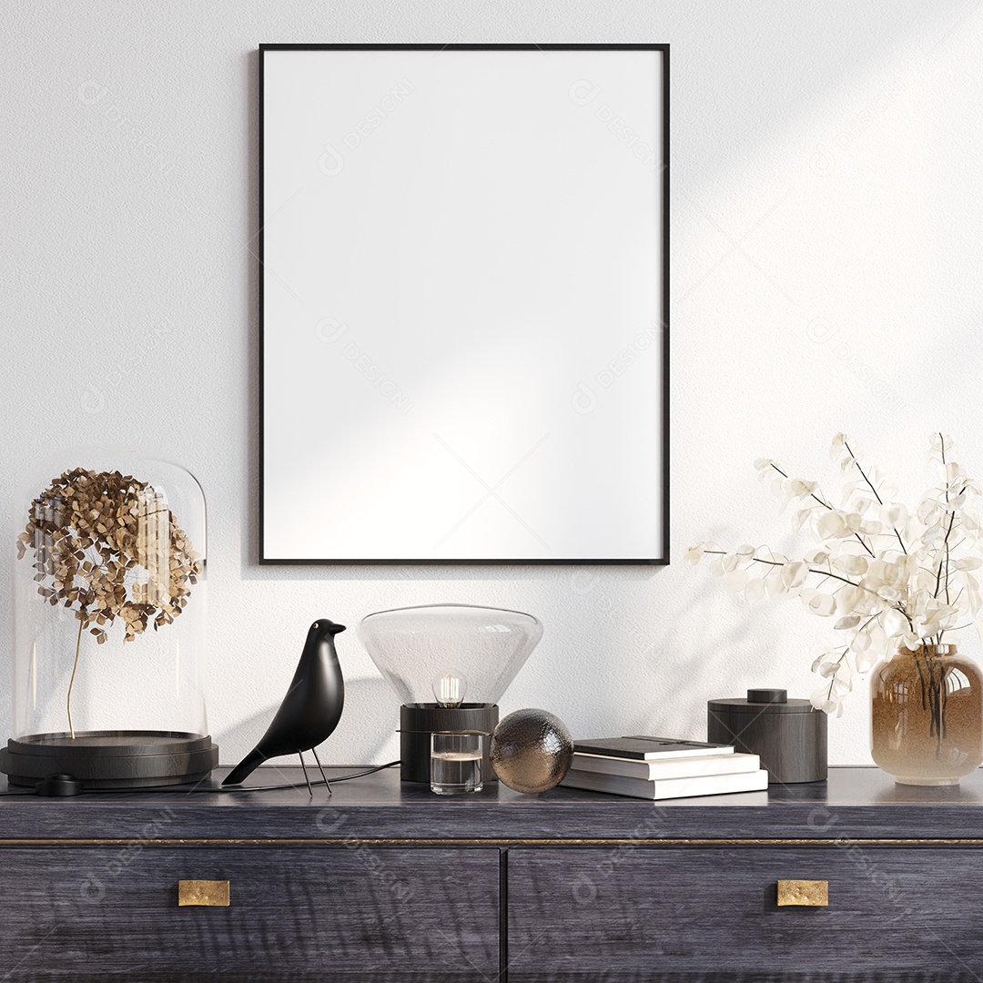 Molduras para fotos de maquete de ilustração 3D na bela parede no salão da galeria ou no saguão do edifício de luxo, decorado com interior