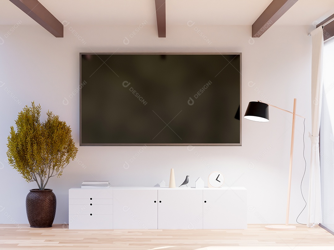 Moldura de foto de maquete de ilustração 3D ou TV LED na parede branca sobre o armário na sala de estar, decorado com interior de estilo escandinavo e renderização natural