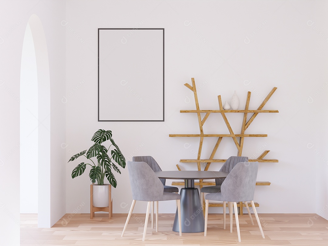 Placa grande de maquete de ilustração 3D com moldura na sala de jantar em casa ou restaurante, cores pastel interiores de estilo escandinavo
