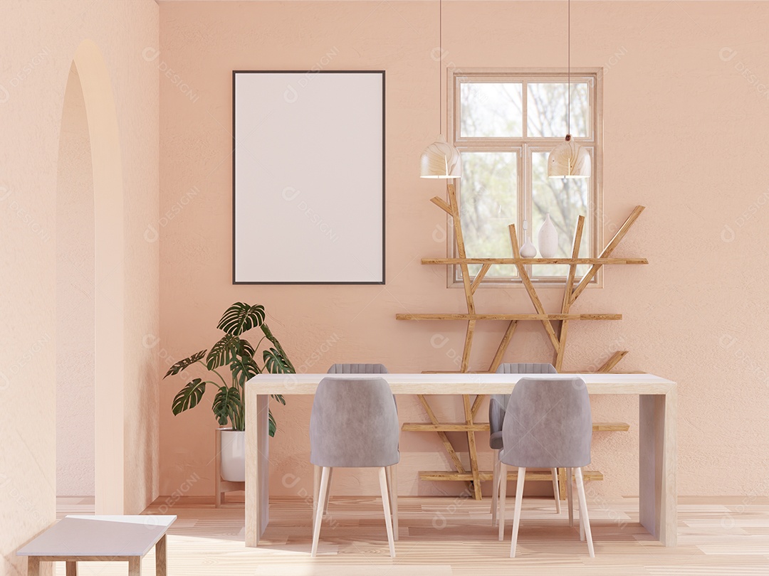 Placa grande de maquete de ilustração 3D com moldura na sala de jantar em casa ou restaurante, cores pastel interiores de estilo escandinavo