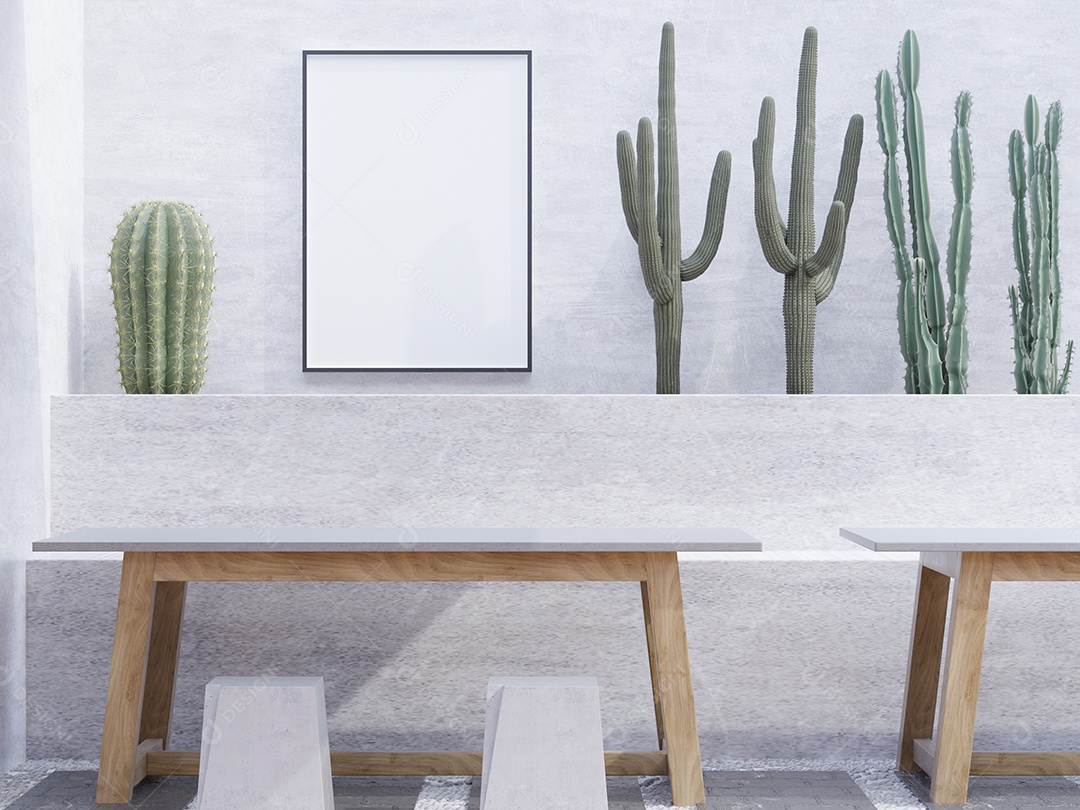 Molduras para fotos de maquete de ilustração 3D na bela parede, cacto e planta em vaso para decoração com interior de estilo escandinavo e renderização natural