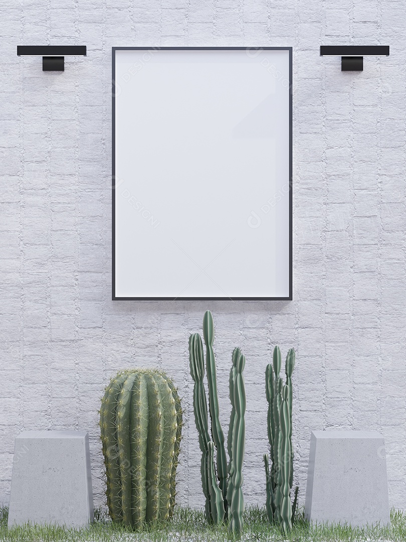 Molduras para fotos de maquete de ilustração 3D na bela parede, cacto e planta em vaso para decoração com interior de estilo escandinavo