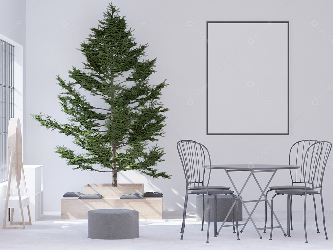 Placa grande de maquete de ilustração 3D com moldura na sala de jantar em casa ou restaurante, cores pastel interiores de estilo escandinavo