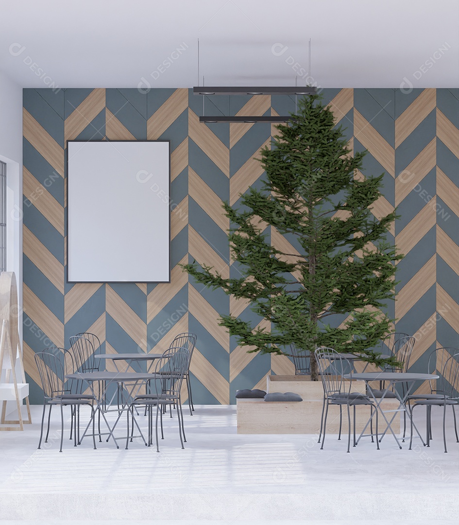 Placa grande de maquete de ilustração 3D com moldura na sala de jantar em casa ou restaurante, cores pastel interiores de estilo escandinavo