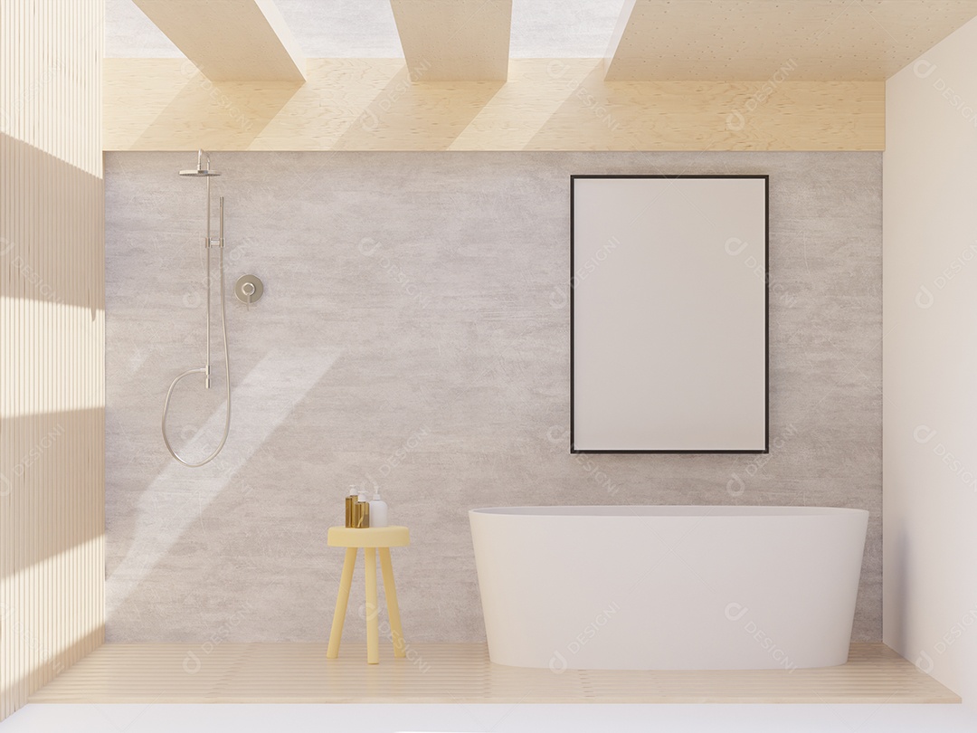 Moldura de foto de maquete de ilustração 3D na bela parede sobre banheira no banheiro com chuveiro, decorado com equipamento confortável no chão, renderização